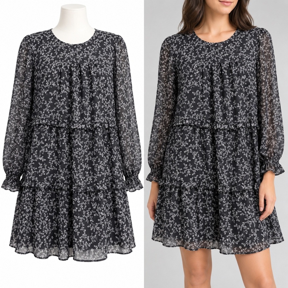 LOFT Dress Womens S Black Floral Tiered Ruffle Long Sleeve Sheer Overlay Mini